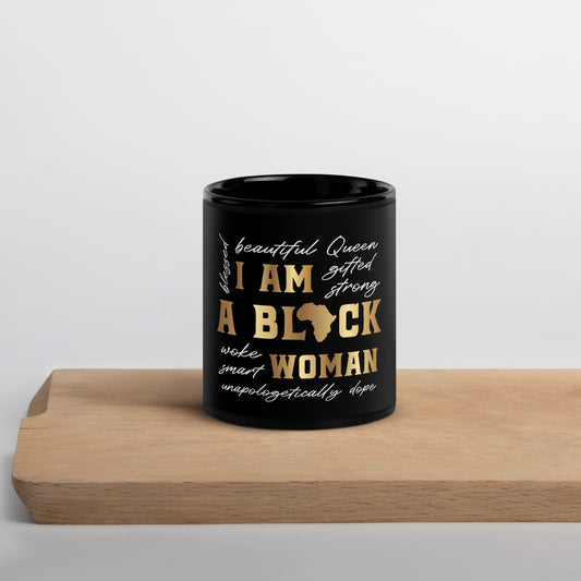 I am a Black Woman Black Glossy Mug