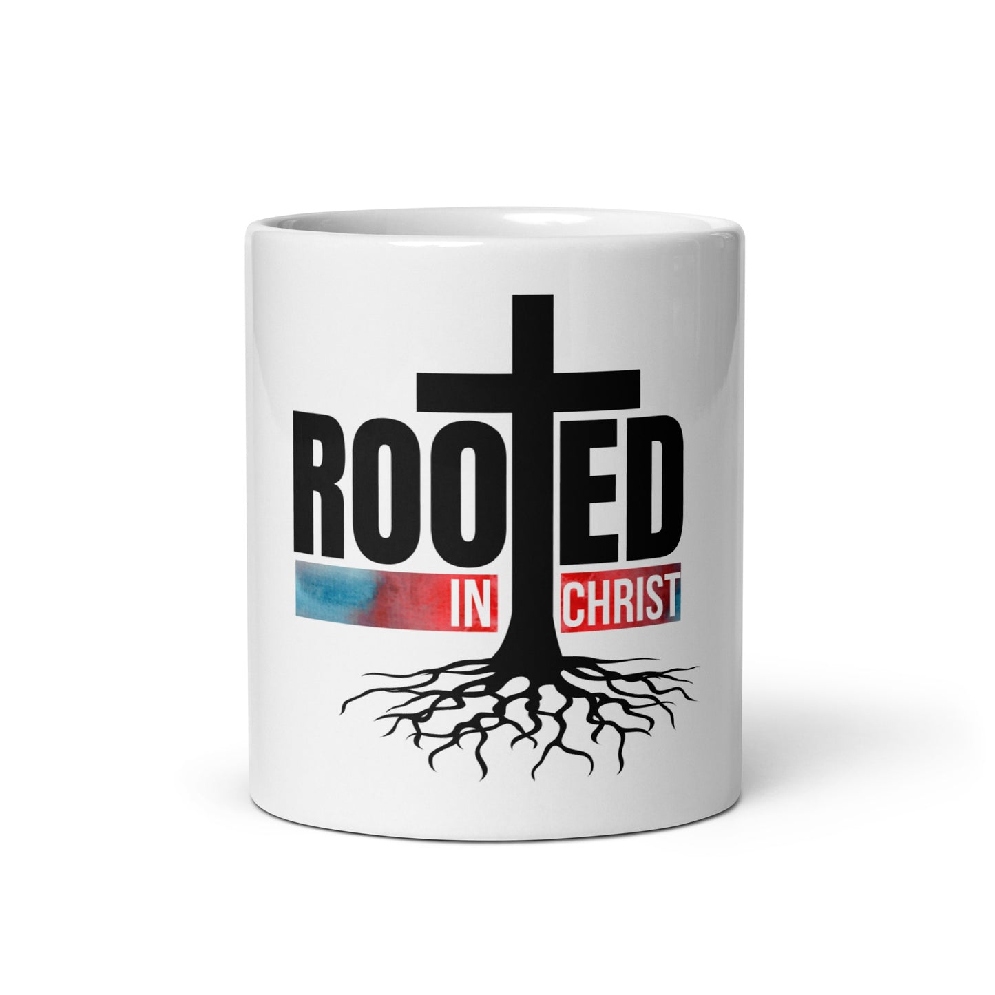 Rooted In Christ White glossy mug